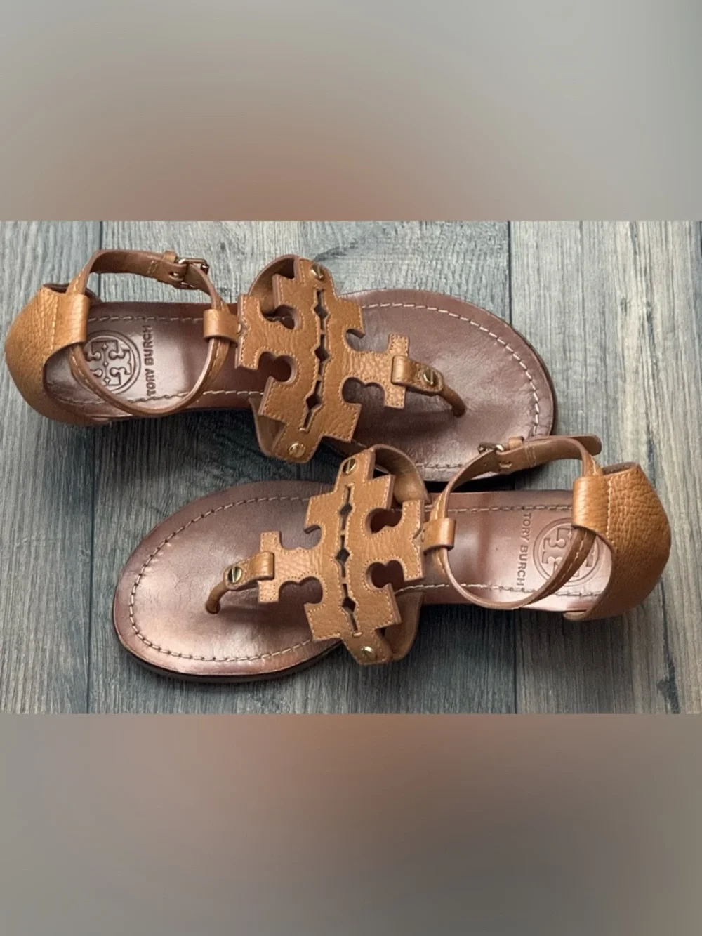 Tory Burch Chandler Brown/Tan Leather Logo Thong Sandals Size 7M